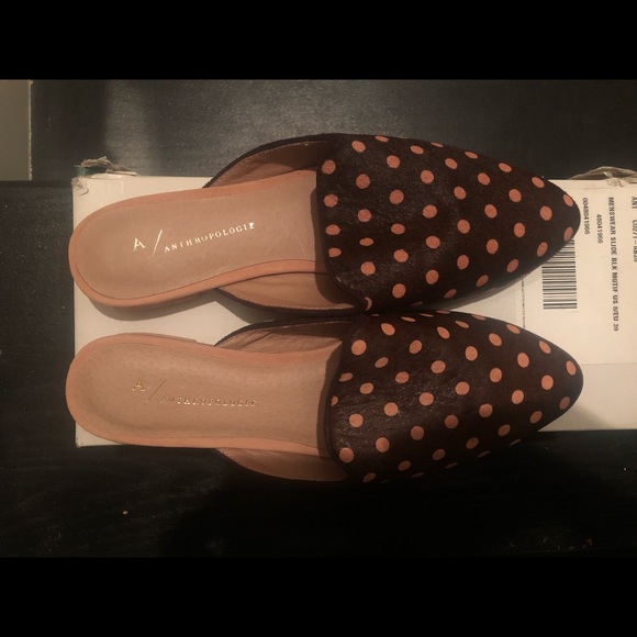 NIB Brown + Pink Pony Hair Polka Dot Slides / Smoking Slippers / Mules - Picture 5 of 12